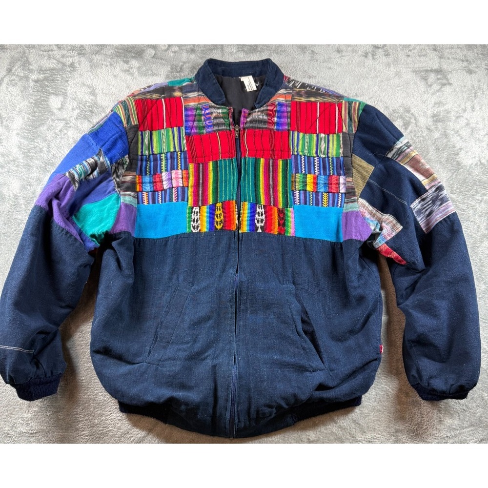 Vtg 80s 90s Serape Patchwork Bomber Jacket Ethnic Art Vaporwave Grunge Aztec